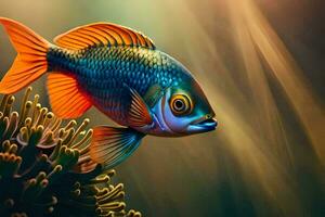 a fish with bright colors is swimming in the water. AI-Generated photo