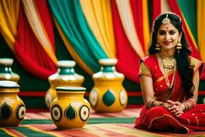 a beautiful indian bride sitting on the floor with pots and pans. AI-Generated photo