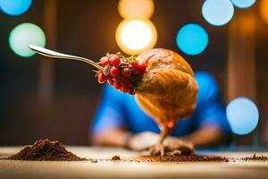 a bird with a spoon and berries on it. AI-Generated photo