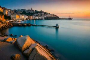 the sunset over the sea and a pier. AI-Generated photo