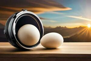 two eggs sit in a compact mirror on a table. AI-Generated photo