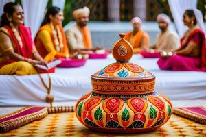 a colorful pot sitting on a table with people sitting around it. AI-Generated photo