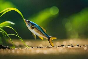 a fish is standing on the ground near grass. AI-Generated photo