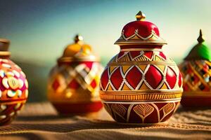 a group of colorful ceramic vases on a table. AI-Generated photo