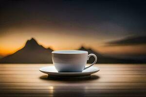 a cup of coffee on a table with mountains in the background. AI-Generated photo