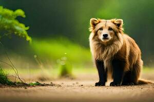 a brown dog is standing in the middle of a field. AI-Generated photo