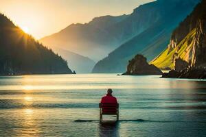 a man sitting on a chair in the middle of a lake. AI-Generated photo