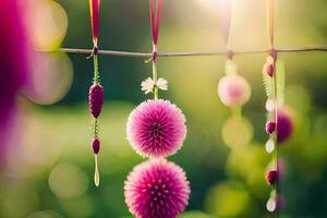 pink flowers hanging from a string in the sun. AI-Generated photo