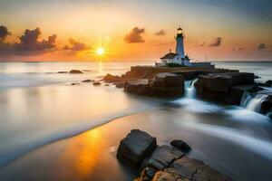 the sun rises over the lighthouse and the waves crash into the rocks. AI-Generated photo