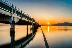 a bridge over water at sunset with mountains in the background. AI-Generated photo
