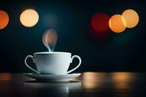 a cup of coffee on a table with blurred lights. AI-Generated photo