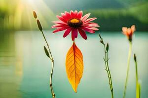 a pink flower is standing on a leaf near a lake. AI-Generated photo