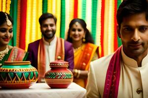 un hombre y mujer en tradicional indio atuendo son posando para un foto. generado por ai foto