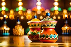 colorful lamps on a table with colorful lights. AI-Generated photo