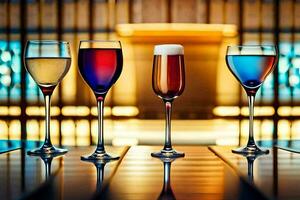 four wine glasses with different colored drinks. AI-Generated photo