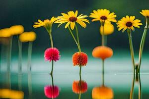 amarillo flores en el agua con un reflexión. generado por ai foto