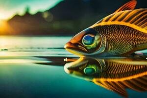 un pescado es reflejado en el agua a puesta de sol. generado por ai foto