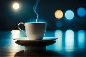 a cup of coffee on a saucer with a blurred background. AI-Generated photo