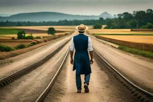 a man in a hat and vest walking on a railroad track. AI-Generated photo