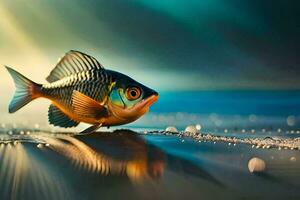 a fish is walking on the beach with water droplets. AI-Generated photo