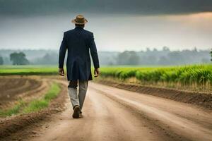 a man in a suit and hat walking down a dirt road. AI-Generated photo