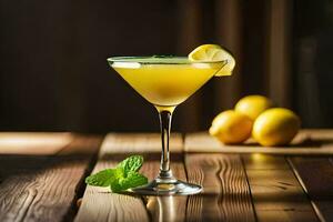 a cocktail with lemon and mint on a wooden table. AI-Generated photo