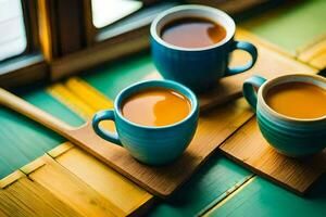 three cups of tea sit on a wooden tray. AI-Generated photo