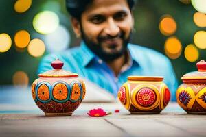 man with diyas on table. AI-Generated photo