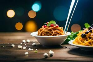 spaghetti with meatballs and cheese on a wooden table. AI-Generated photo