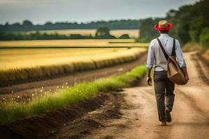 a man with a hat and backpack walking down a dirt road. AI-Generated photo