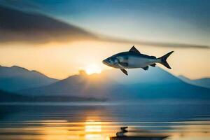 un pescado es volador terminado el agua a puesta de sol. generado por ai foto