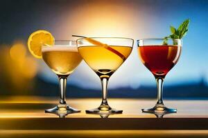 three different types of alcoholic drinks in glasses. AI-Generated photo