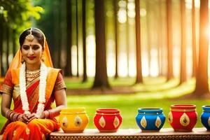 a woman in an indian sari sitting on a bench with colorful pots. AI-Generated photo