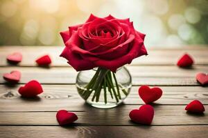 a red rose in a vase surrounded by hearts. AI-Generated photo