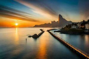 the sun sets over a pier and mountains in rio. AI-Generated photo