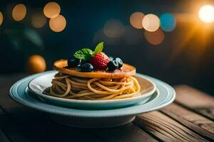 a plate of pasta with berries and a glass of wine. AI-Generated photo