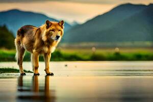 a wolf standing in the water at sunset. AI-Generated photo