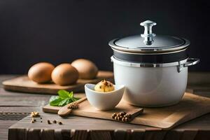 a white pot with an egg in it and some eggs. AI-Generated photo