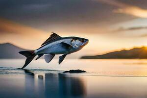 un pescado es saltando fuera de el agua a puesta de sol. generado por ai foto