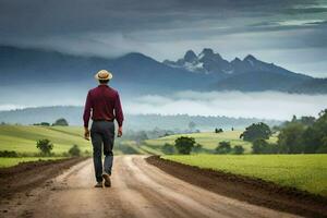 a man walking down a dirt road in front of a green field. AI-Generated photo