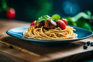 spaghetti with meat and berries on a plate. AI-Generated photo