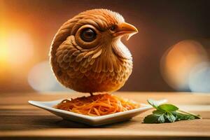 a chicken sculpture on a plate with noodles. AI-Generated photo