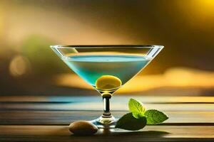 a blue martini with lemon and mint leaves. AI-Generated photo