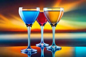 three glasses of wine with colorful backgrounds. AI-Generated photo