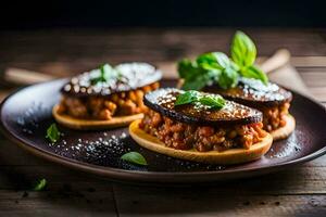 three stuffed eggplant sandwiches on a plate. AI-Generated photo