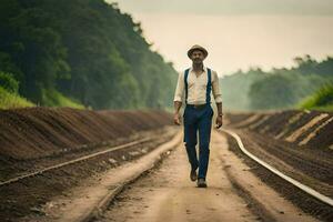 un hombre en un sombrero y tirantes caminando en un tren pista. generado por ai foto