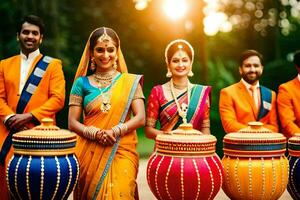 a group of people in colorful saris standing next to large pots. AI-Generated photo