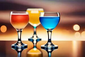 three glasses of colored liquid on a table. AI-Generated photo