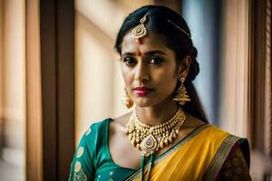 beautiful indian bride in traditional saree. AI-Generated photo