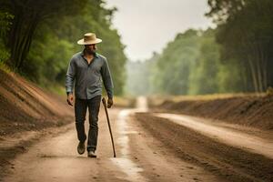 un hombre en un sombrero y caminando palo caminando abajo un suciedad la carretera. generado por ai foto